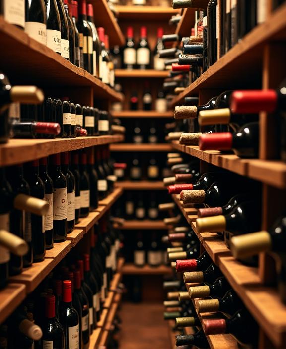 Scaffali in legno di una cantina ben fornita con bottiglie di vino rosso e bianco illuminate.