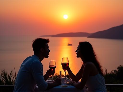 Coppia che cena al tramonto su una terrazza romantica con vista mare.