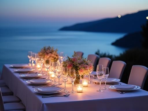 Tavolo elegantemente apparecchiato per un evento privato sulla terrazza vista mare.