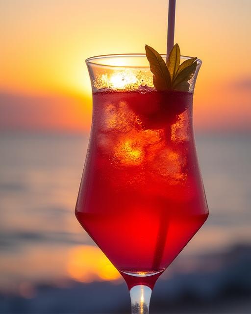 Un cocktail colorato e rinfrescante con il tramonto sul mare sullo sfondo, in un bicchiere elegante.
