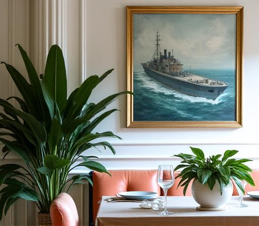Dettaglio dell'arredamento elegante della sala interna, con quadri marini e piante.