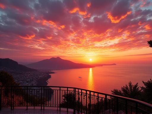 La vista mozzafiato dal terrazzo del ristorante Vento & Vino al tramonto, con il Vesuvio all'orizzonte.