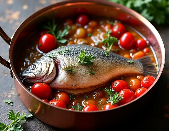 Pesce intero cucinato all'acqua pazza in una padella di rame.