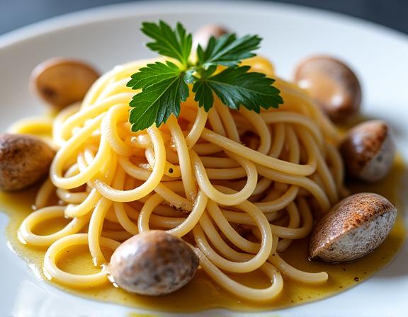 Piatto di spaghetti con le vongole fresche guarnito con prezzemolo.